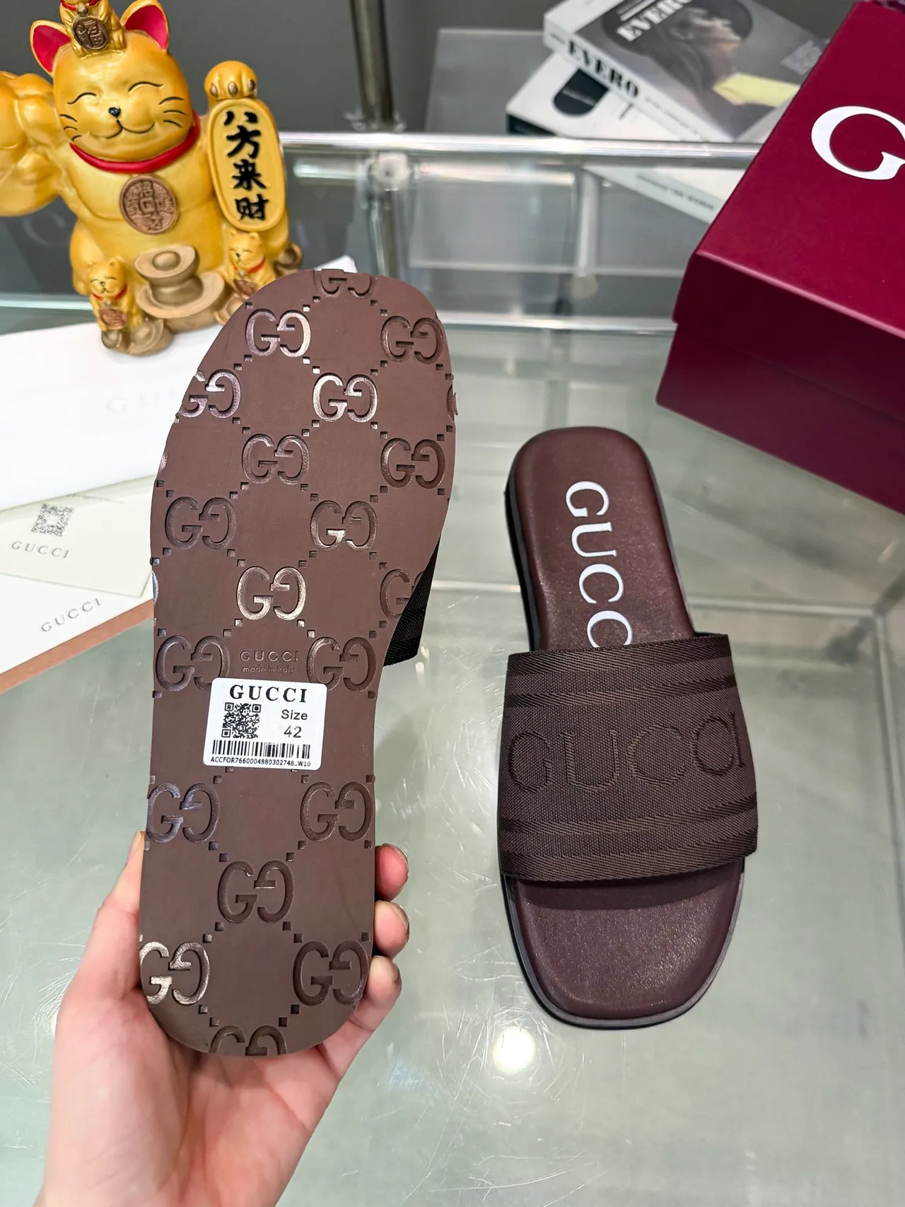 Gucci Slide Navy Marrón Correa Trenzada Debossed Logo Zapatillas 4