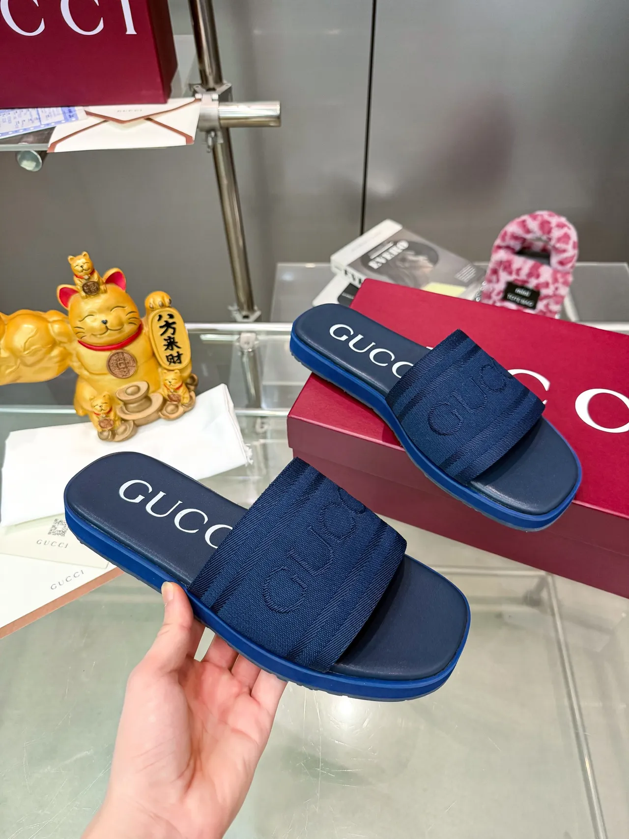 Gucci Slide Navy Marrón Correa Trenzada Debossed Logo Zapatillas 5