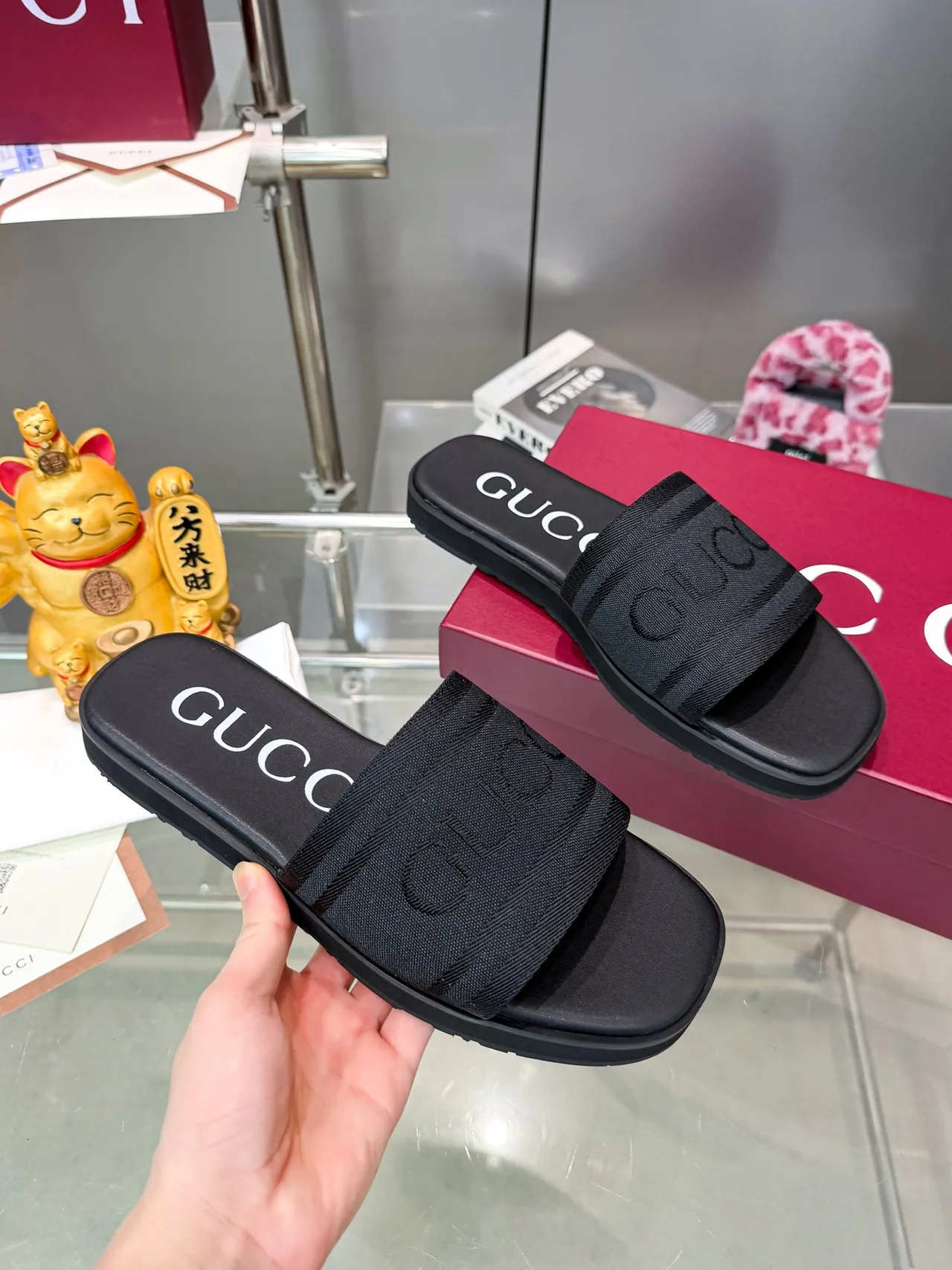 Gucci Slide Navy Marrón Correa Trenzada Debossed Logo Zapatillas 6