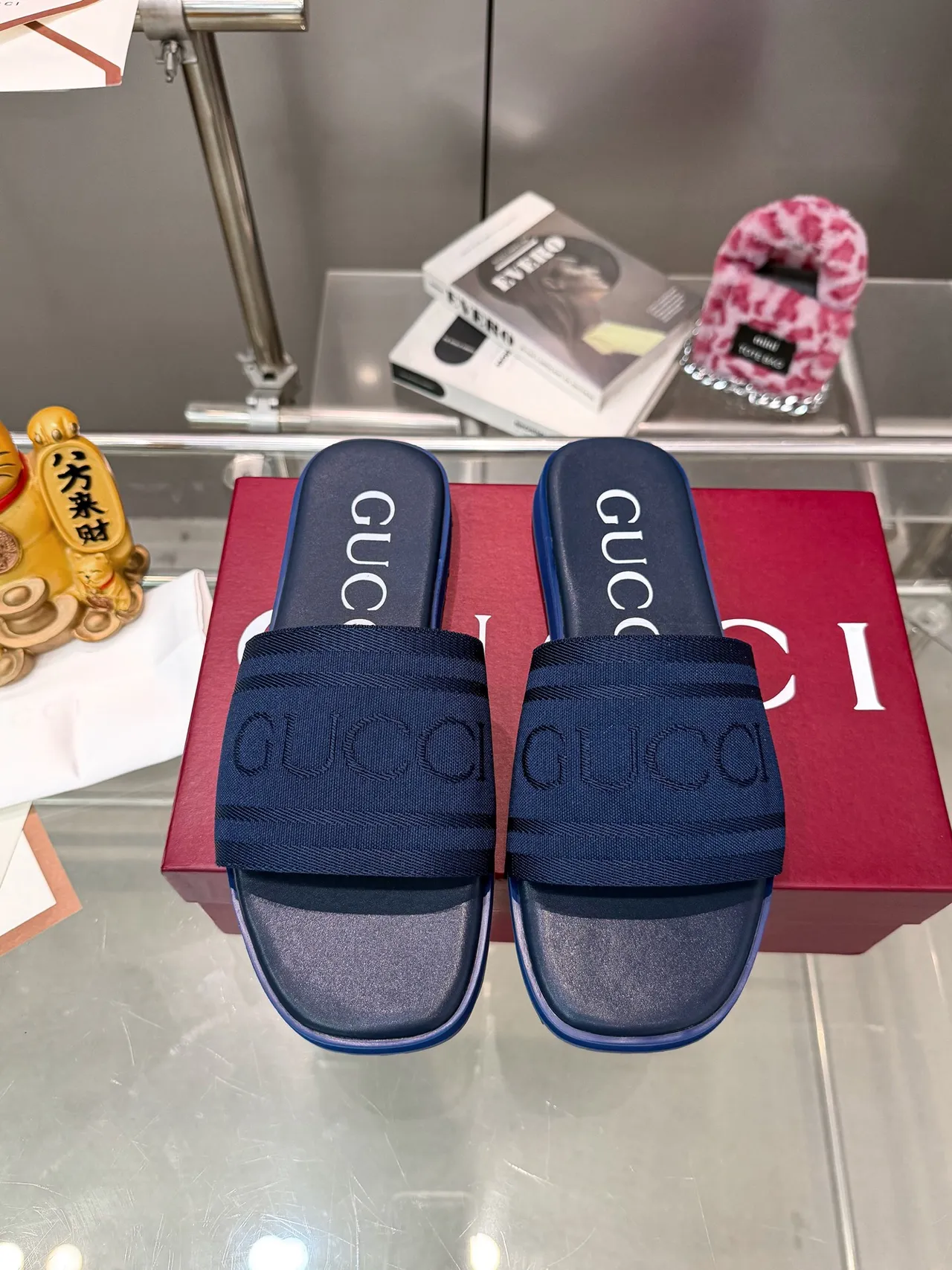 Gucci Slide Navy Marrón Correa Trenzada Debossed Logo Zapatillas 8