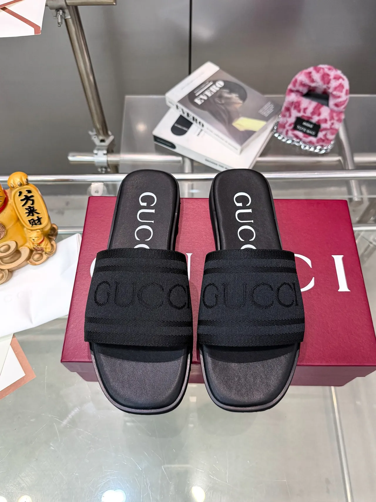 Gucci Slide Navy Marrón Correa Trenzada Debossed Logo Zapatillas 9