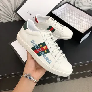 Gucci Zapatillas Lifestyle Blancas Verdes de Cuero Low-Top Bordadas con Branding