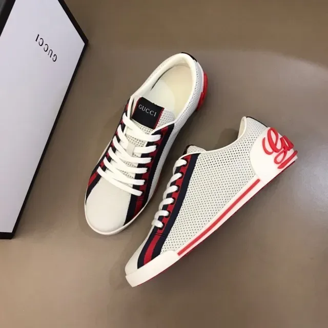 Gucci Blanco Rojo Cuero Perforado Superior Detalle Banda Web Zapatillas Lifestyle 3