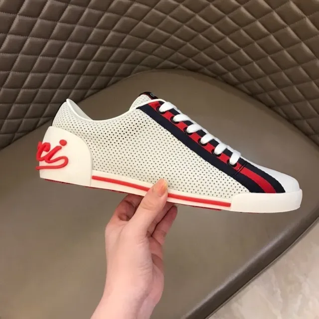 Gucci Blanco Rojo Cuero Perforado Superior Detalle Banda Web Zapatillas Lifestyle 4