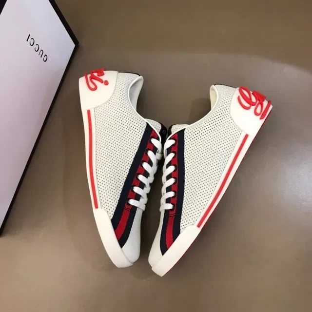 Gucci Blanco Rojo Cuero Perforado Superior Detalle Banda Web Zapatillas Lifestyle 8