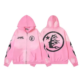 Hellstar Acid-Wash Pink Flame Graphic Zip-Up Hoodie