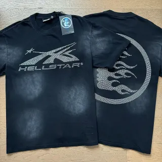 Hellstar Rhinestone X Flame Graphic Faded Black T-Shirt