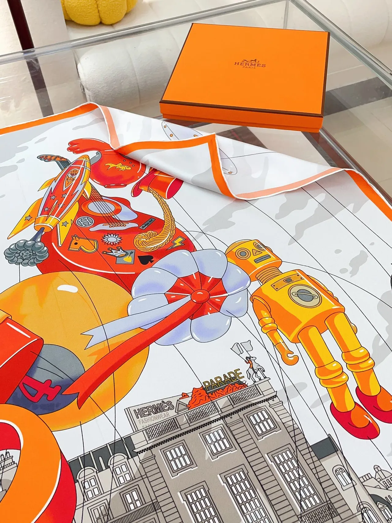 Hermès Architectural City Print Orange-Border Silk Scarf 6