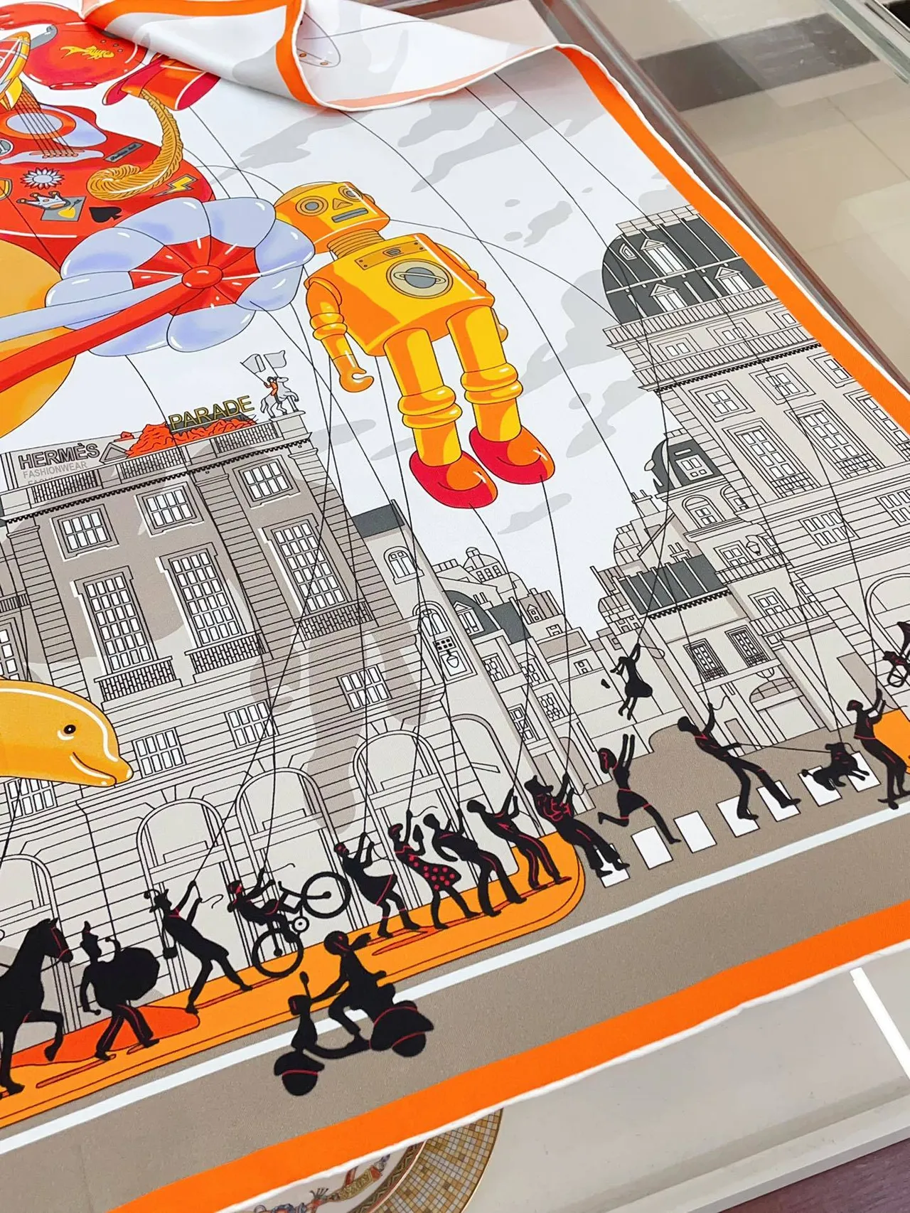 Hermès Architectural City Print Orange-Border Silk Scarf 7
