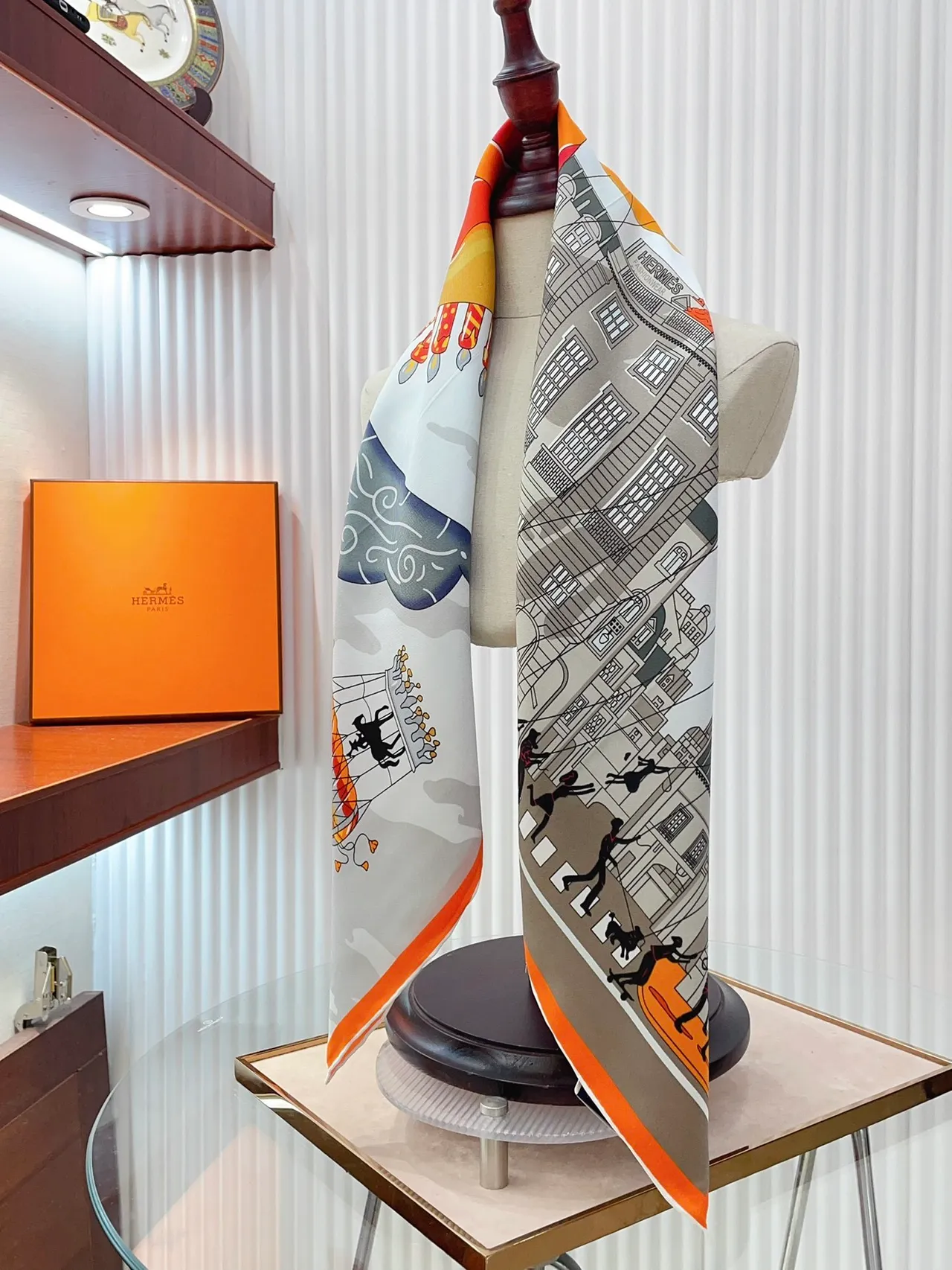 Hermès Architectural City Print Orange-Border Silk Scarf 8