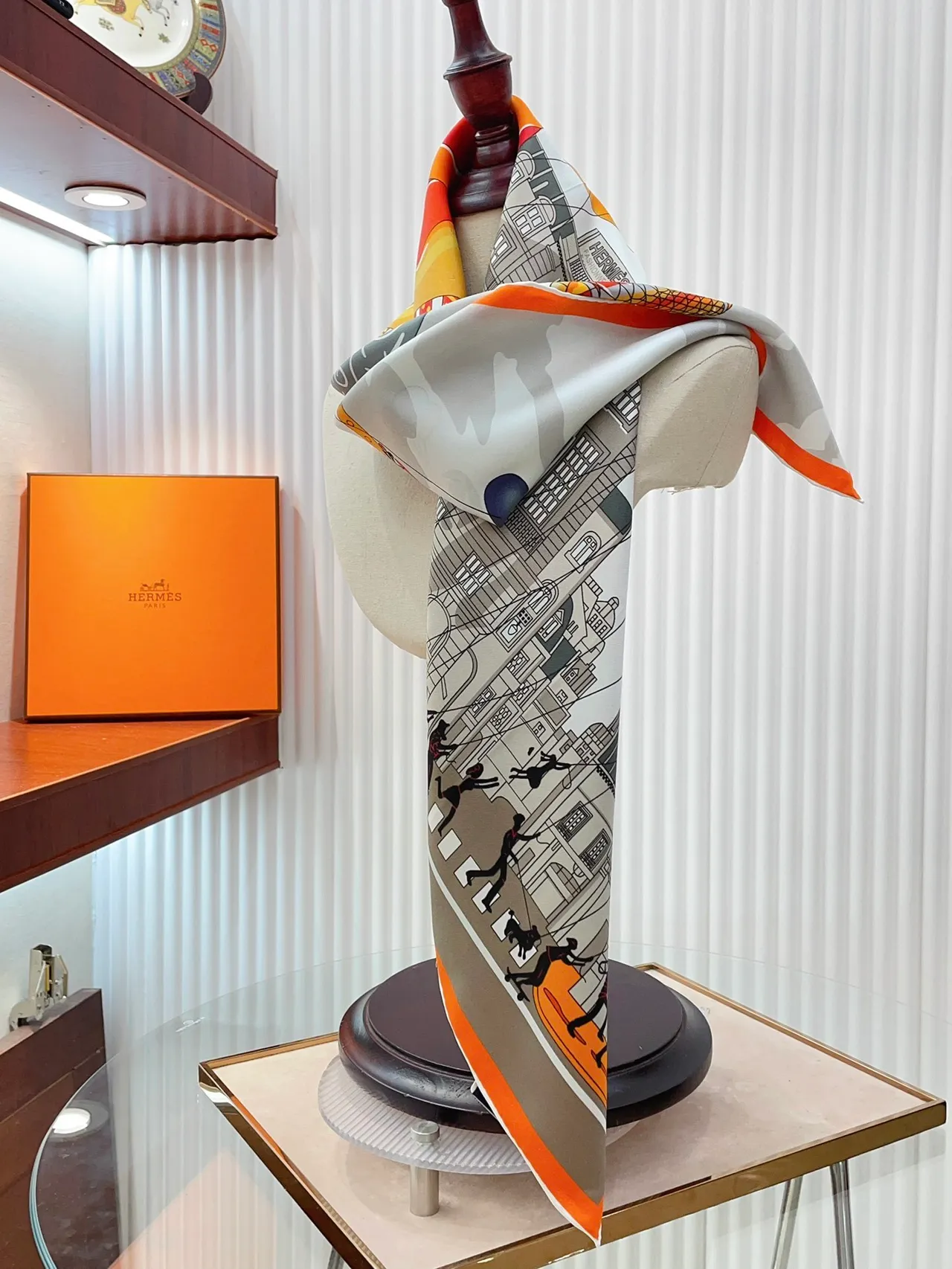 Hermès Architectural City Print Orange-Border Silk Scarf 9