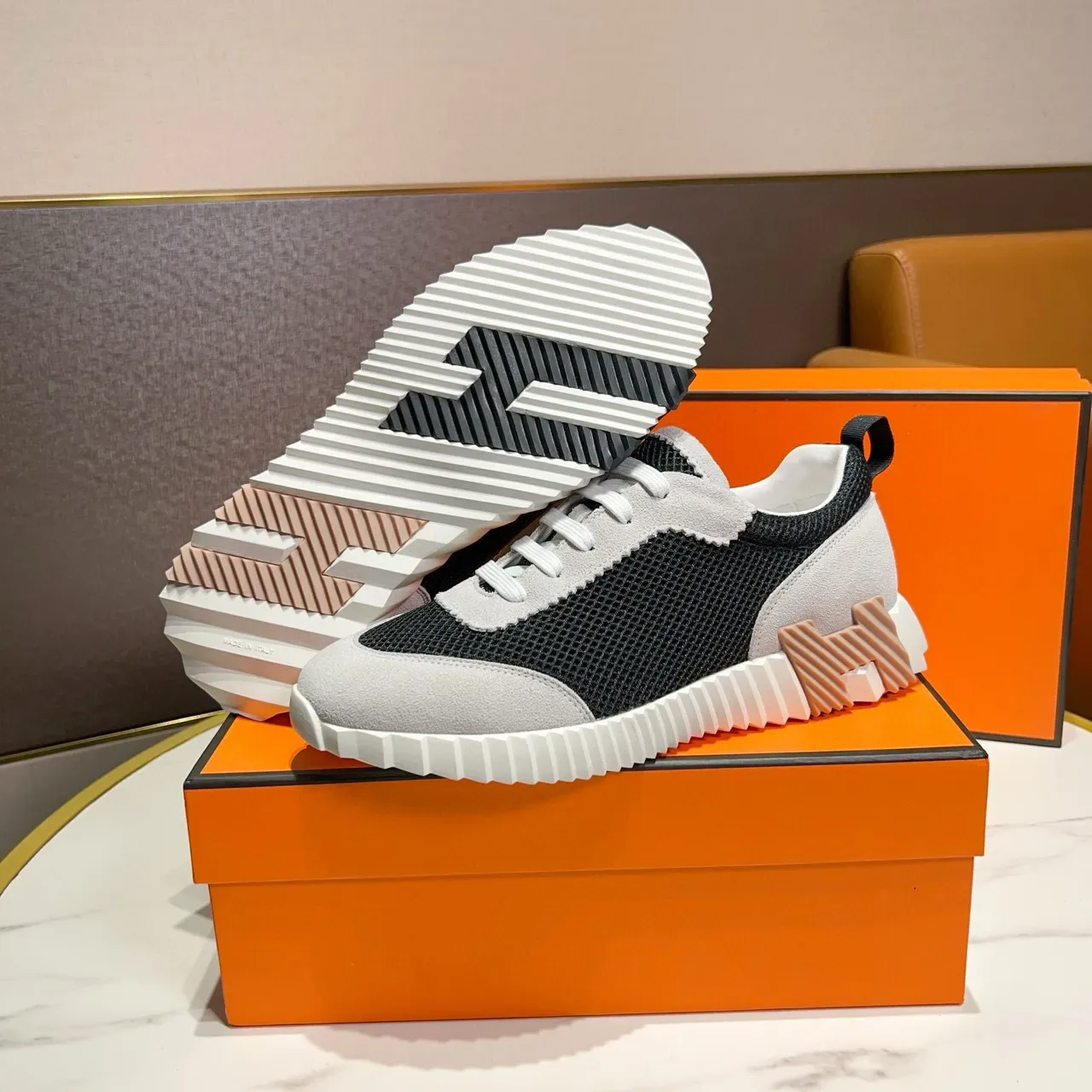 Hermès Black Gray Mesh And Suede Panel Construction Ridged White Midsole Lifestyle Sneakers 3