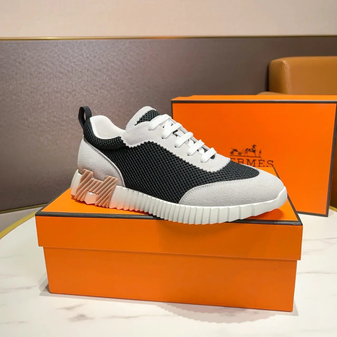 Hermès Black Gray Mesh And Suede Panel Construction Ridged White Midsole Lifestyle Sneakers 4