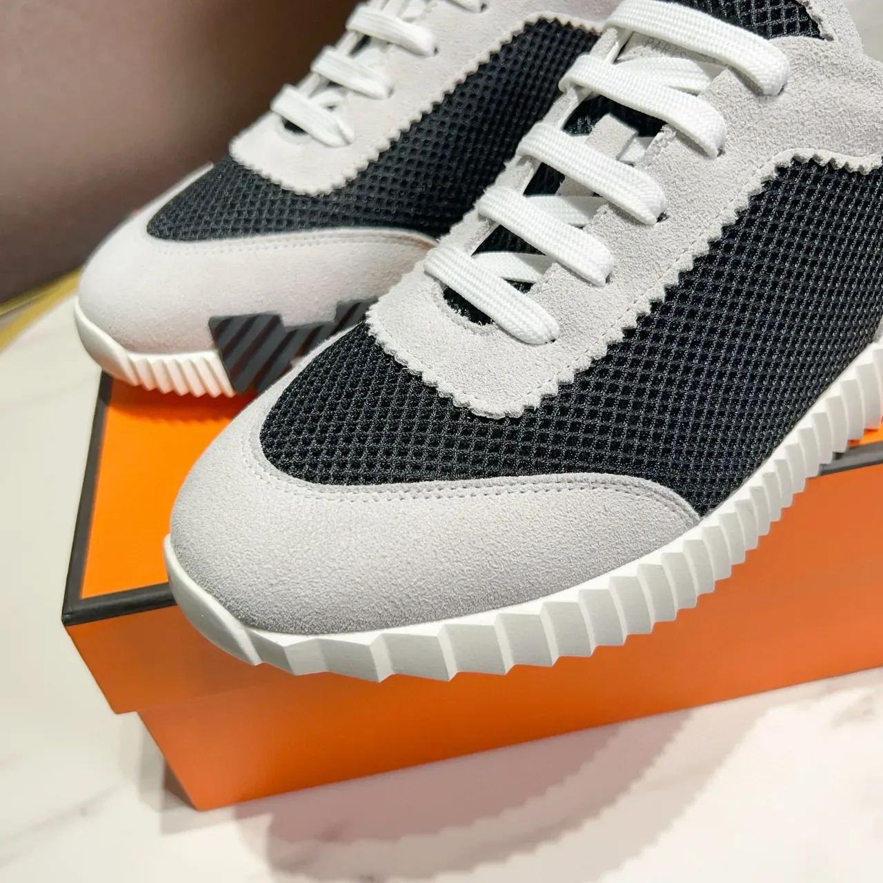 Hermès Black Gray Mesh And Suede Panel Construction Ridged White Midsole Lifestyle Sneakers 7