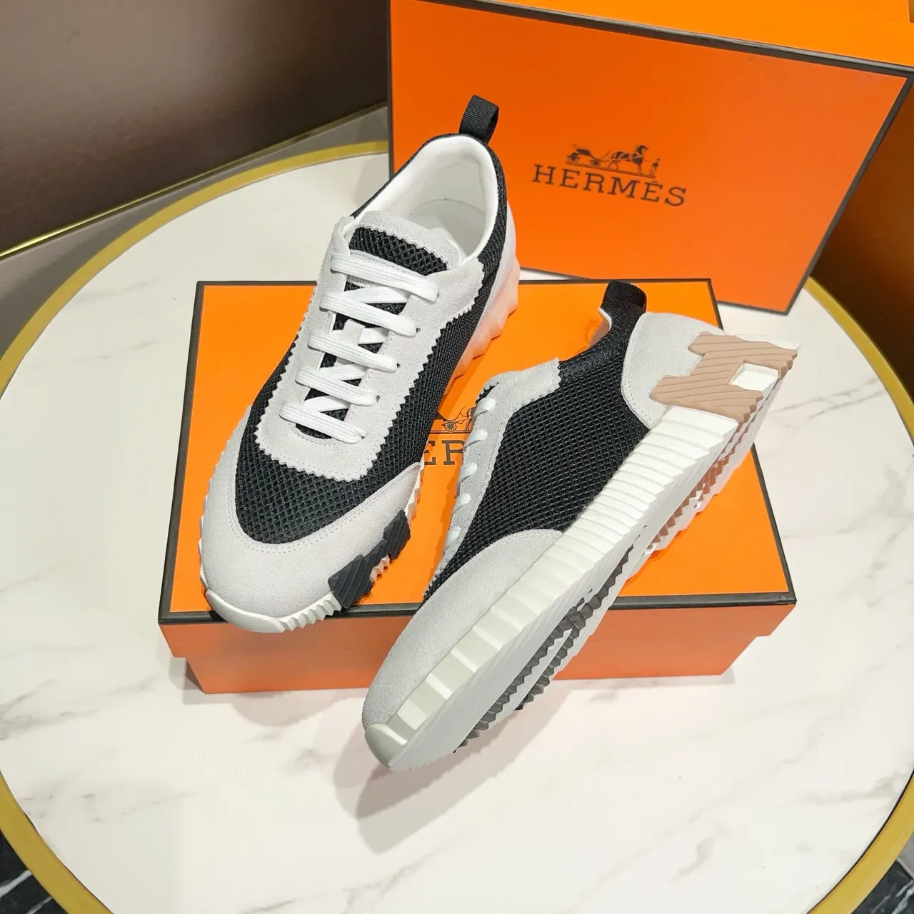 Hermès Black Gray Mesh And Suede Panel Construction Ridged White Midsole Lifestyle Sneakers 8