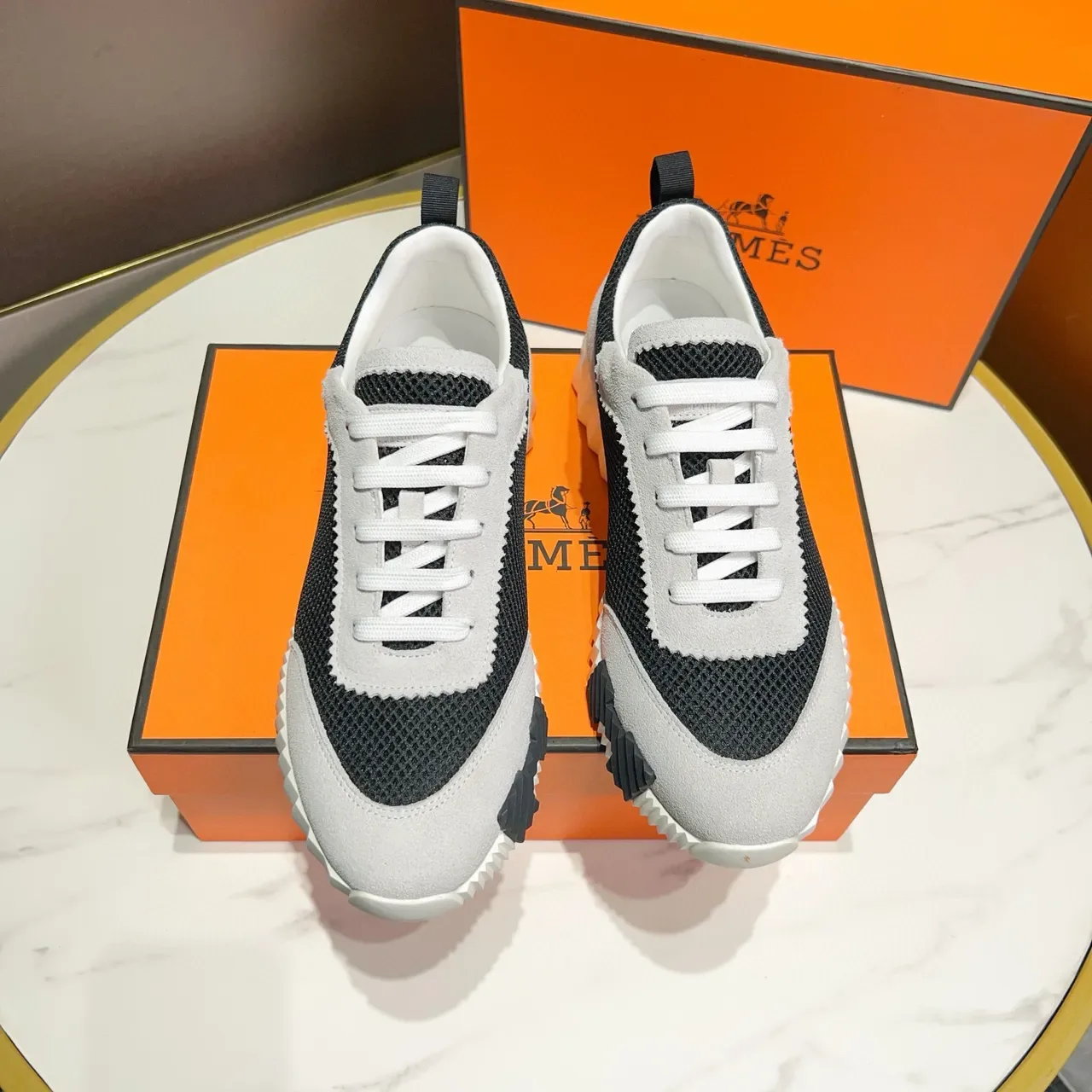 Hermès Black Gray Mesh And Suede Panel Construction Ridged White Midsole Lifestyle Sneakers 9