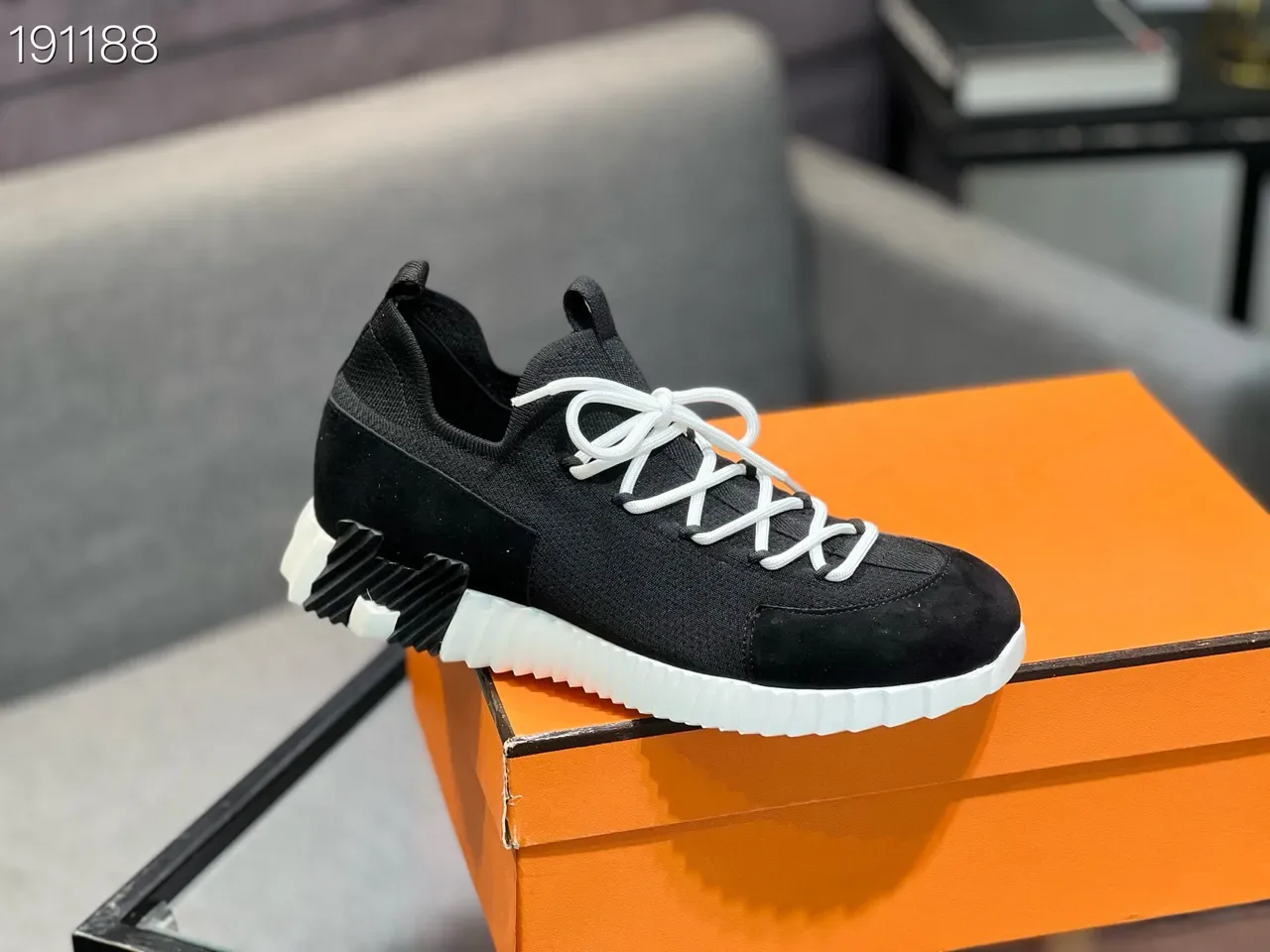 Hermès Black White Knit-Suede Hybrid Upper Sock-Fit Collar Sneakers 5