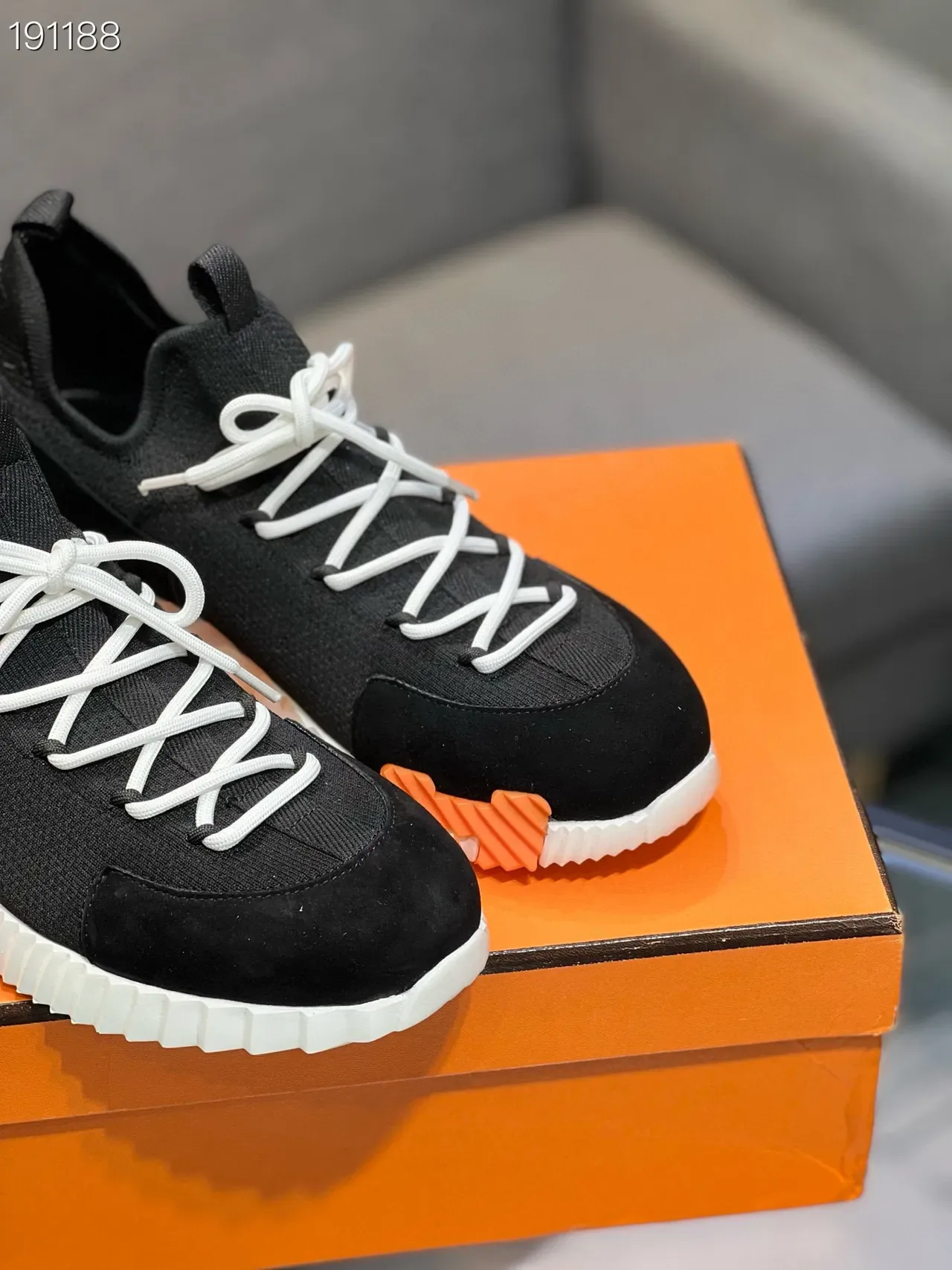 Hermès Black White Knit-Suede Hybrid Upper Sock-Fit Collar Sneakers 6