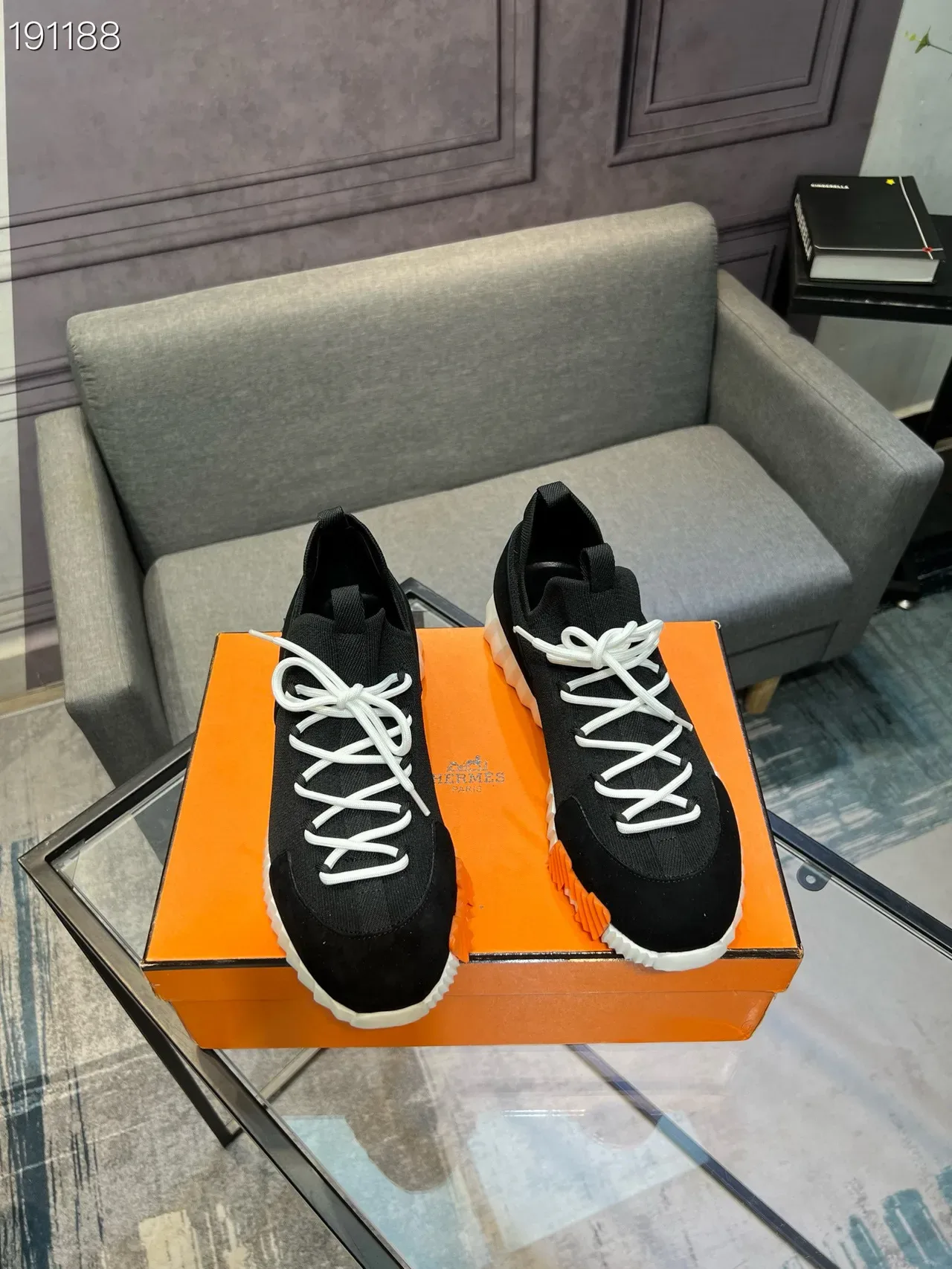 Hermès Black White Knit-Suede Hybrid Upper Sock-Fit Collar Sneakers 8