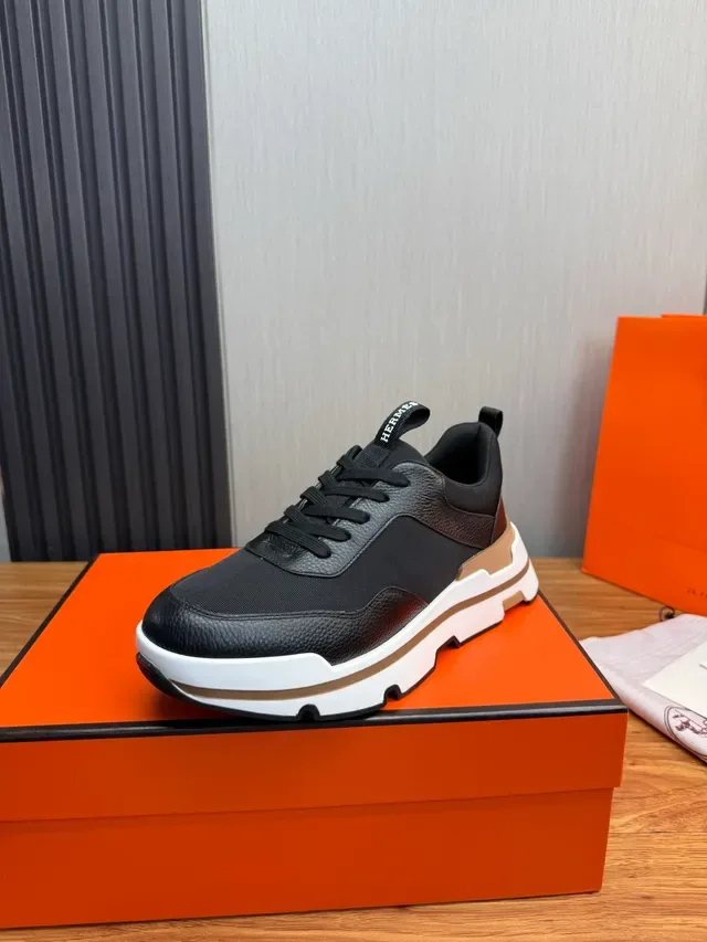 Hermès Negro Blanco Tela y Cuero Pebbled Superior Capa Múltiple Suela Tan Sneakers 5