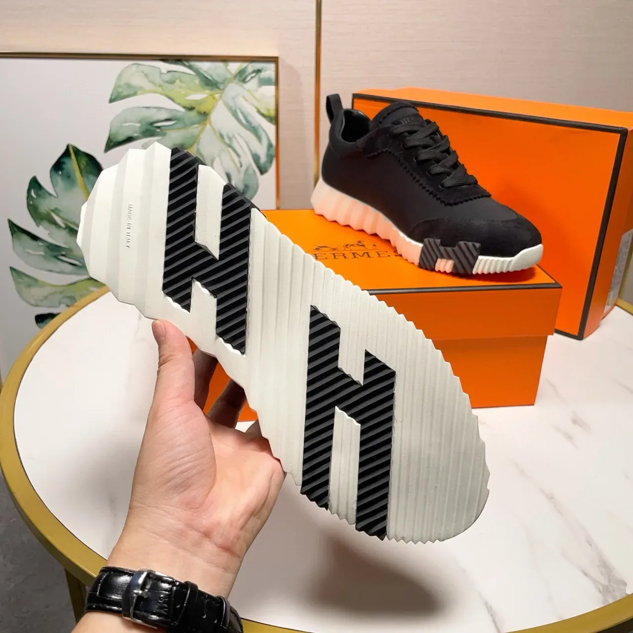 Hermès Black White Textile-Suede Upper Ridged Midsole Lifestyle Sneakers 2