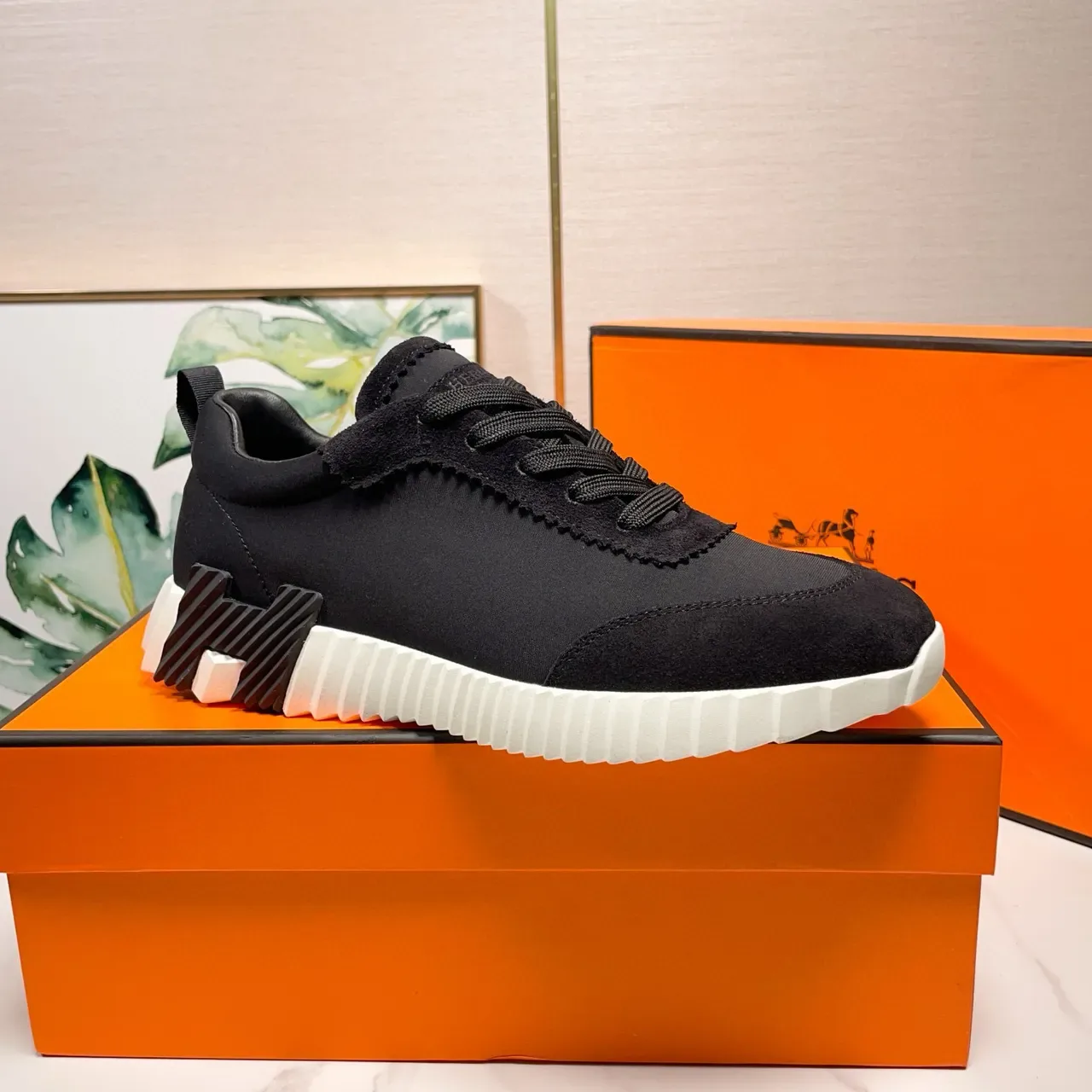 Hermès Black White Textile-Suede Upper Ridged Midsole Lifestyle Sneakers 3