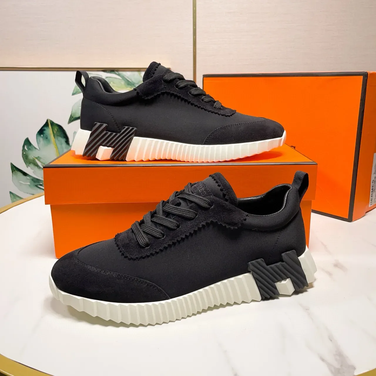Hermès Black White Textile-Suede Upper Ridged Midsole Lifestyle Sneakers 5