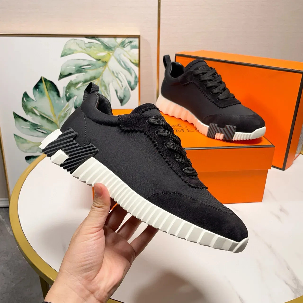 Hermès Black White Textile-Suede Upper Ridged Midsole Lifestyle Sneakers 6
