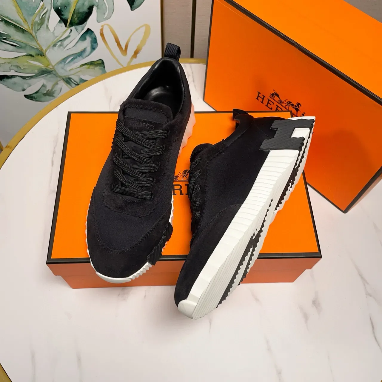 Hermès Black White Textile-Suede Upper Ridged Midsole Lifestyle Sneakers 7