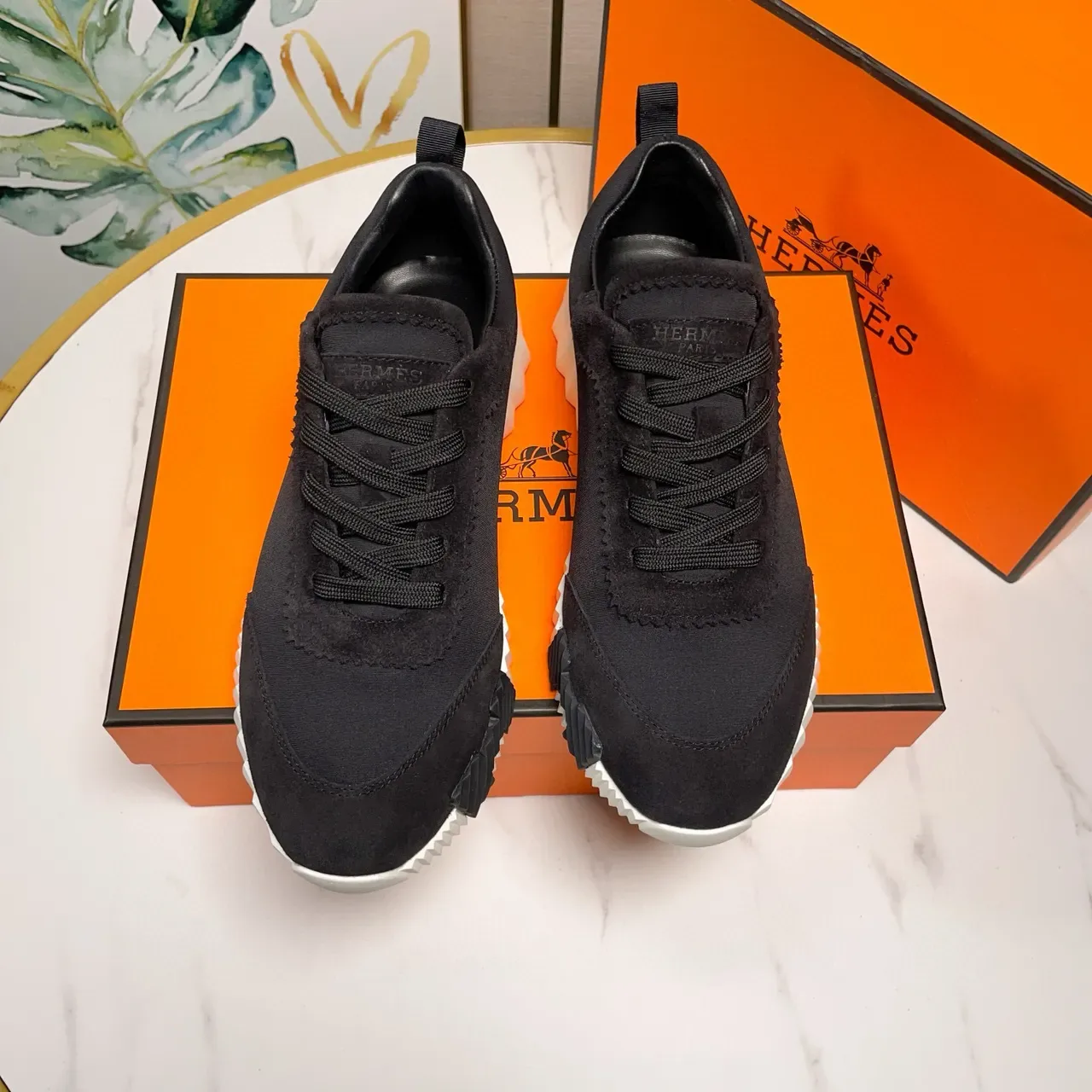 Hermès Black White Textile-Suede Upper Ridged Midsole Lifestyle Sneakers 8
