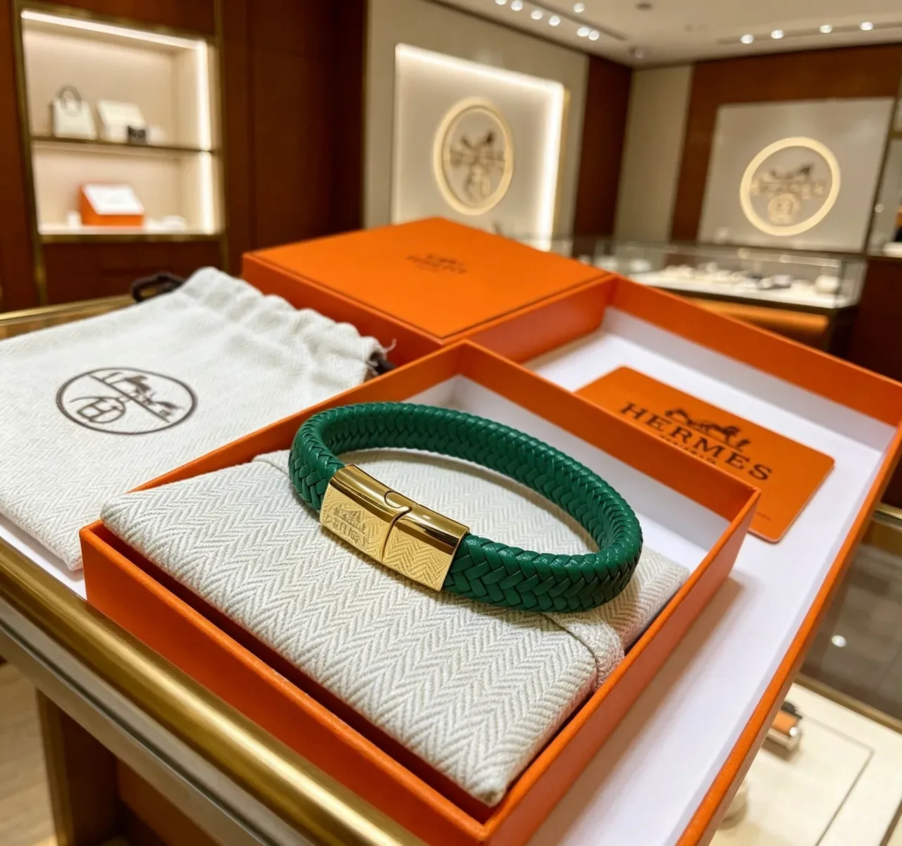 Hermès Braided Green Leather Gold-Tone Clasp Bracelet 2