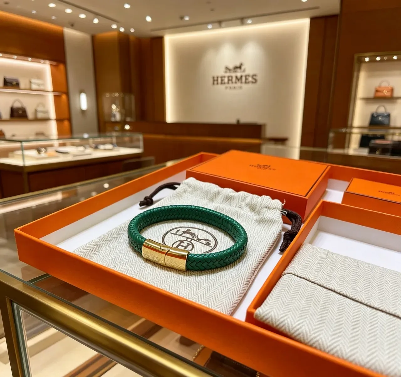 Hermès Braided Green Leather Gold-Tone Clasp Bracelet 3