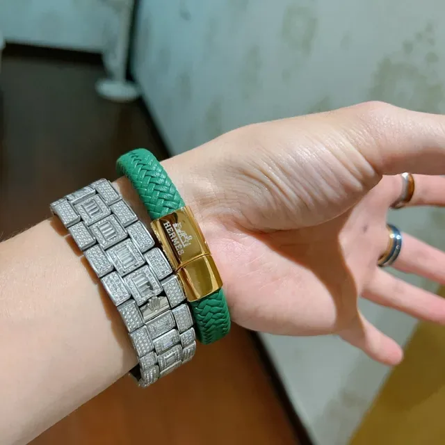Hermès Braided Green Leather Gold-Tone Clasp Bracelet 4