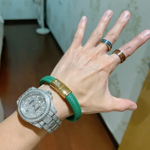 Hermès Braided Green Leather Gold-Tone Clasp Bracelet 5