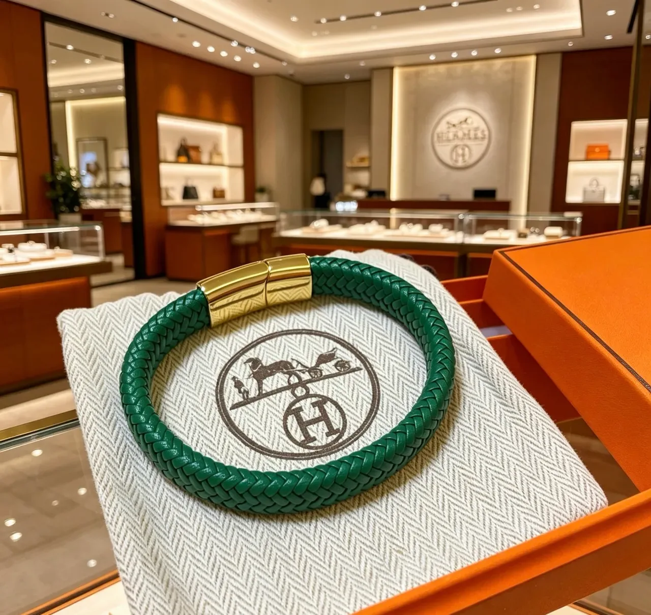 Hermès Braided Green Leather Gold-Tone Clasp Bracelet 7