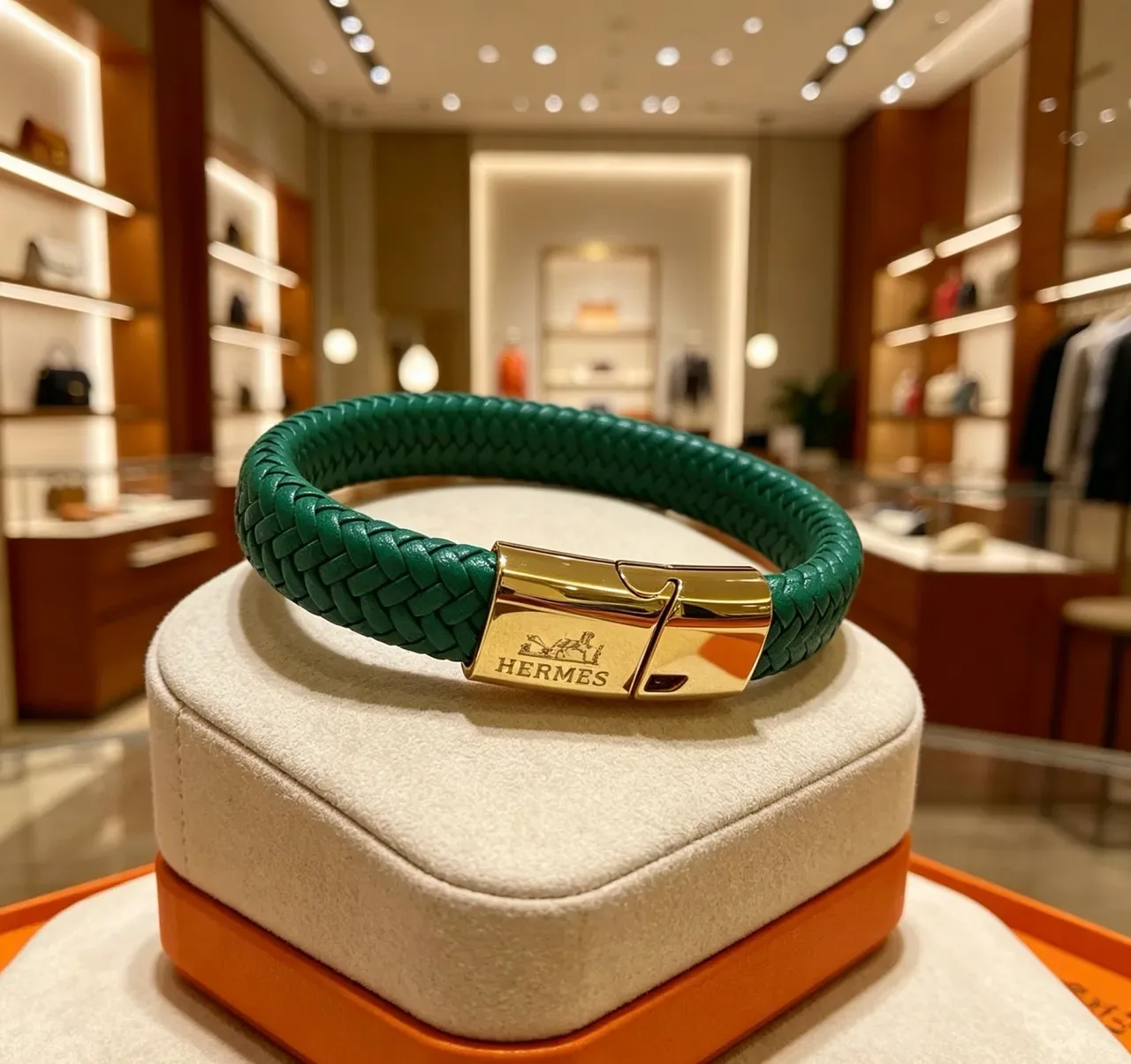 Hermès Braided Green Leather Gold-Tone Clasp Bracelet 9