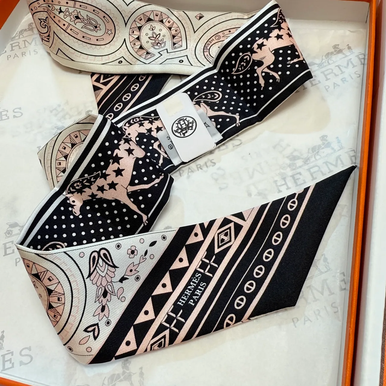 Hermès Cheval de Guerre Beige Black Printed Paisley Star-Studded Deer Motif Silk Scarf 4