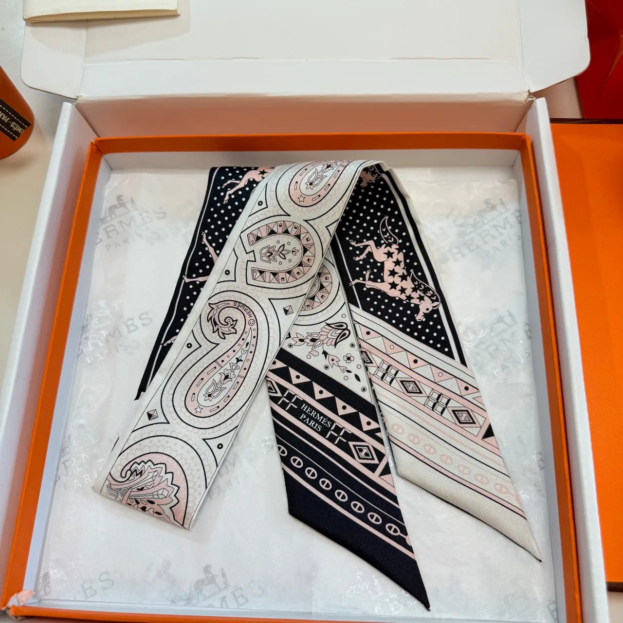 Hermès Cheval de Guerre Beige Black Printed Paisley Star-Studded Deer Motif Silk Scarf 6