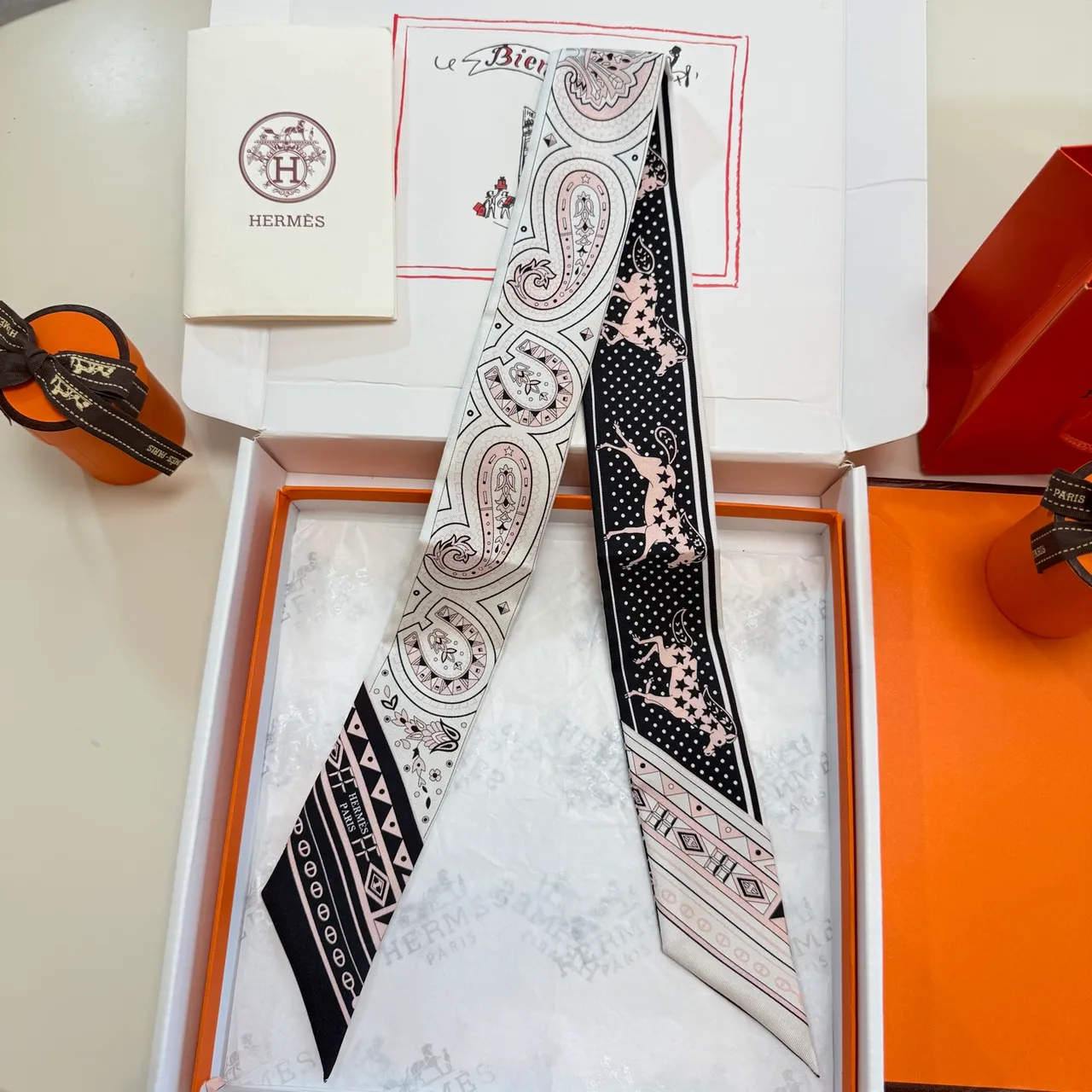 Hermès Cheval de Guerre Beige Black Printed Paisley Star-Studded Deer Motif Silk Scarf 7