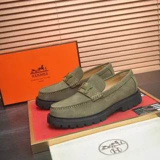 Hermès H-Buckle 乐福鞋 Army Green Black 麂皮鞋面 Metal Loafer