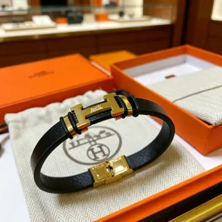 Hermès H-Clasp 黑色皮革金色手链