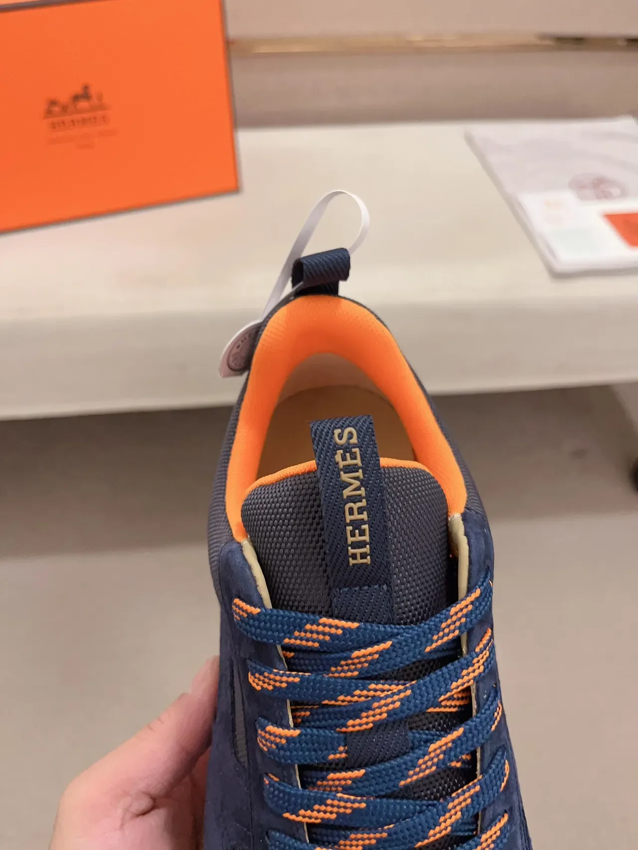 Hermès Navy and Orange Suede Mesh Lifestyle Sneaker 4
