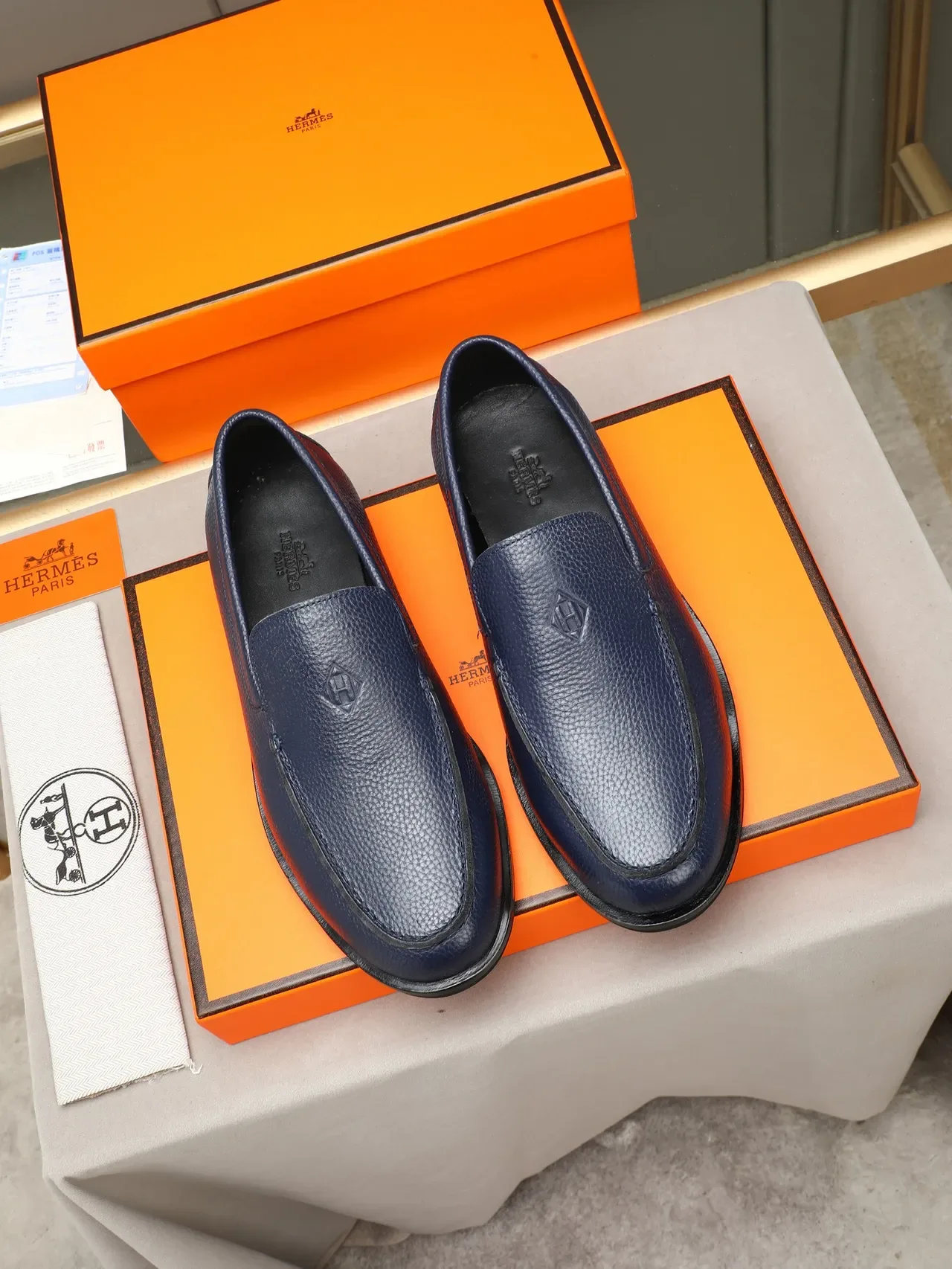 Hermès Navy Black Pebbled Leather Moc-Toe Construction Loafer 3