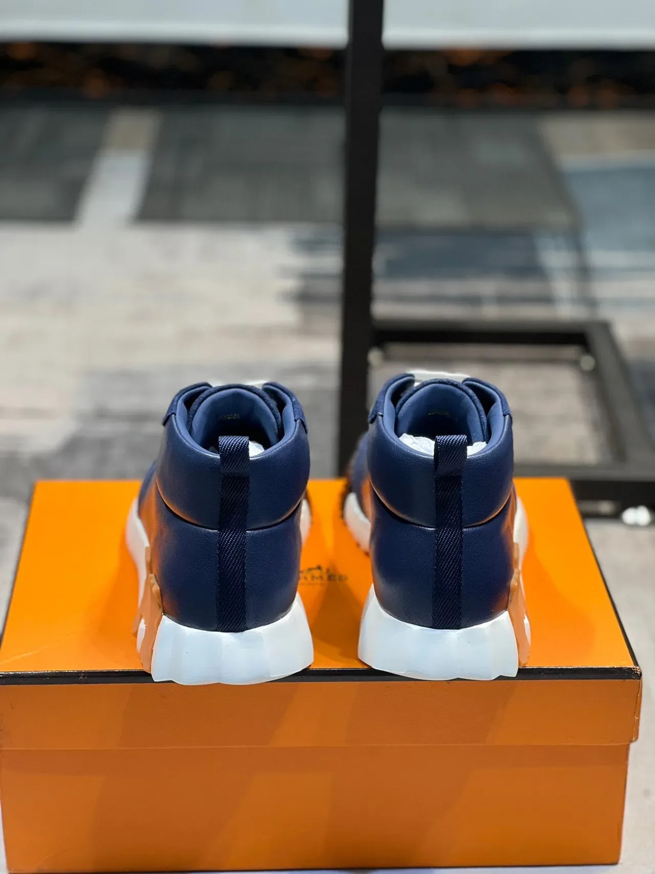 Hermès Navy Orange High-Top Leather Upper Lifestyle Sneakers 2