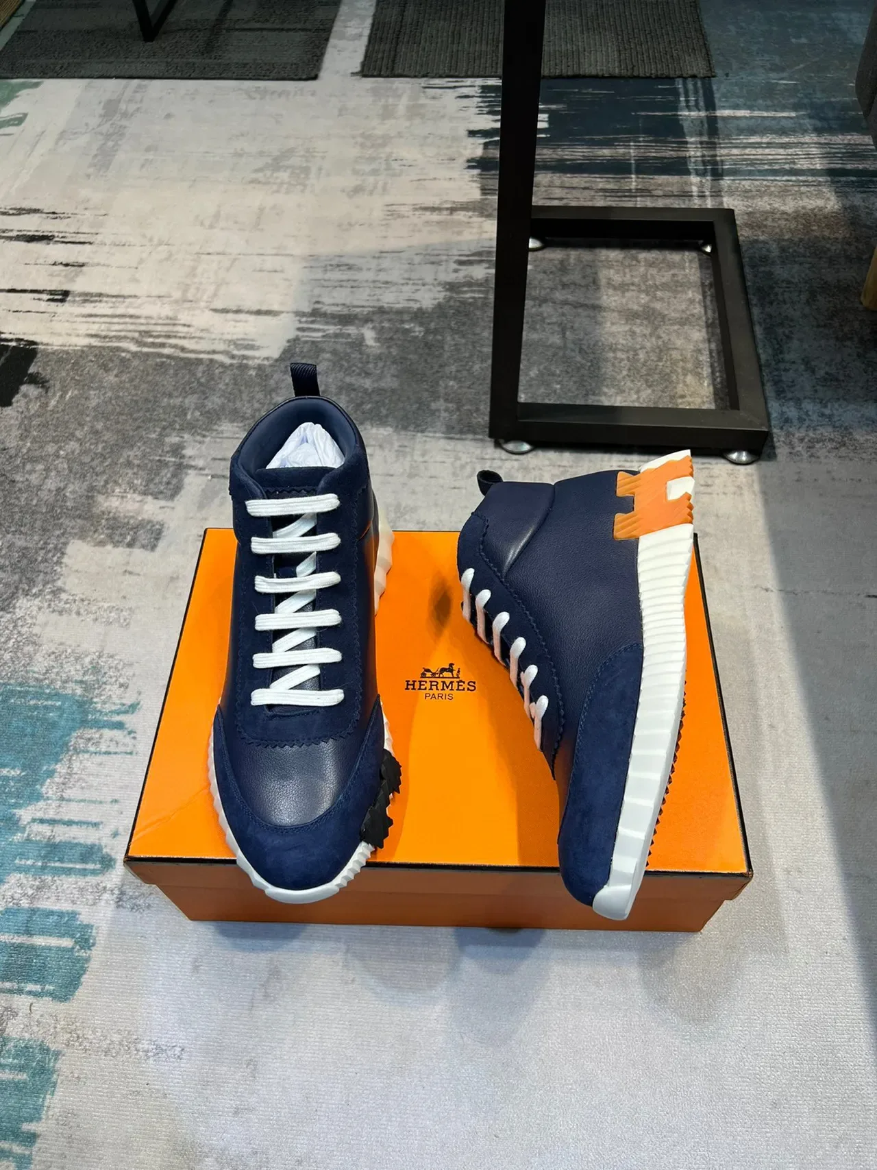 Hermès Navy Orange High-Top Leather Upper Lifestyle Sneakers 4