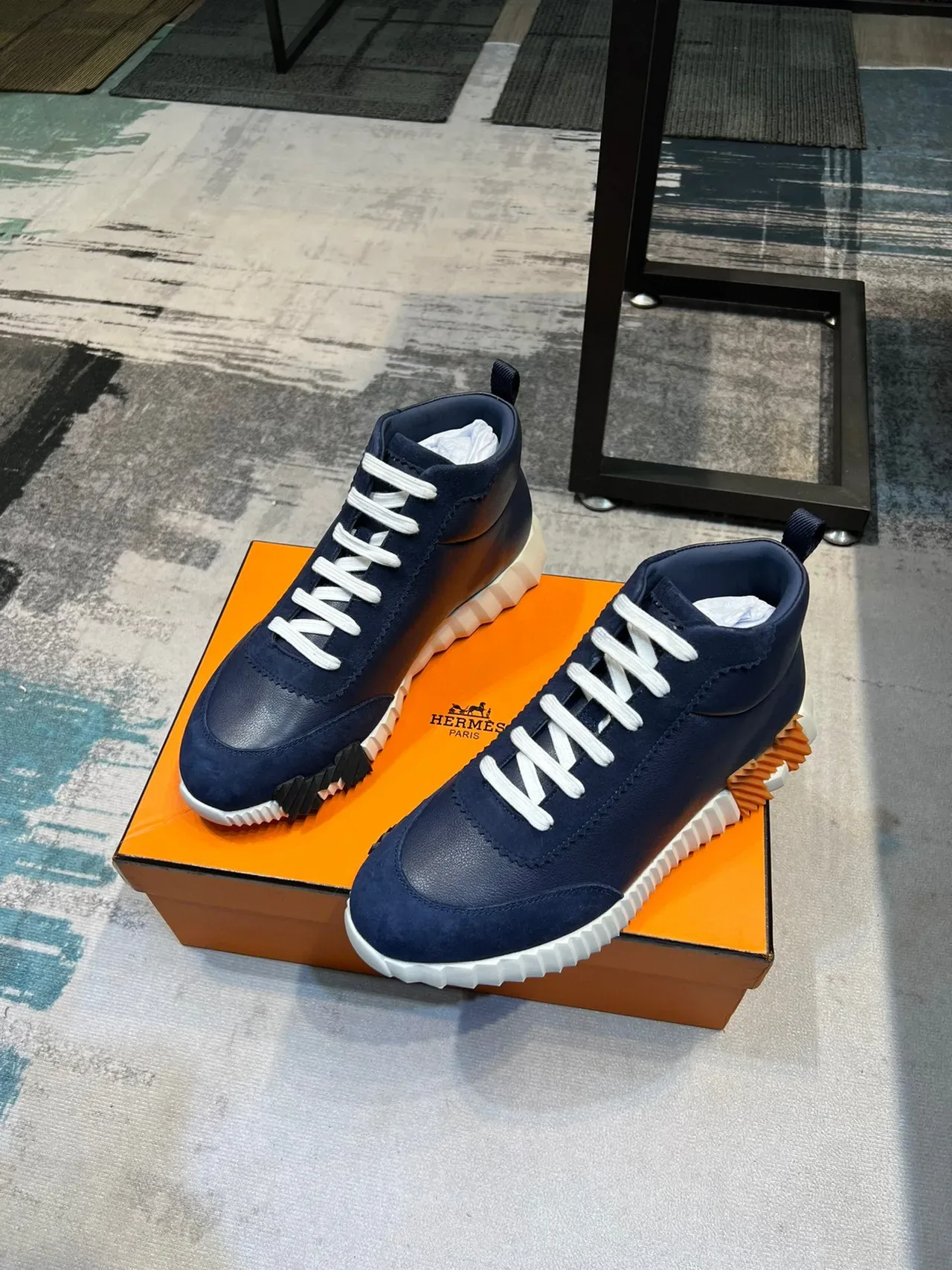 Hermès Navy Orange High-Top Leather Upper Lifestyle Sneakers 5