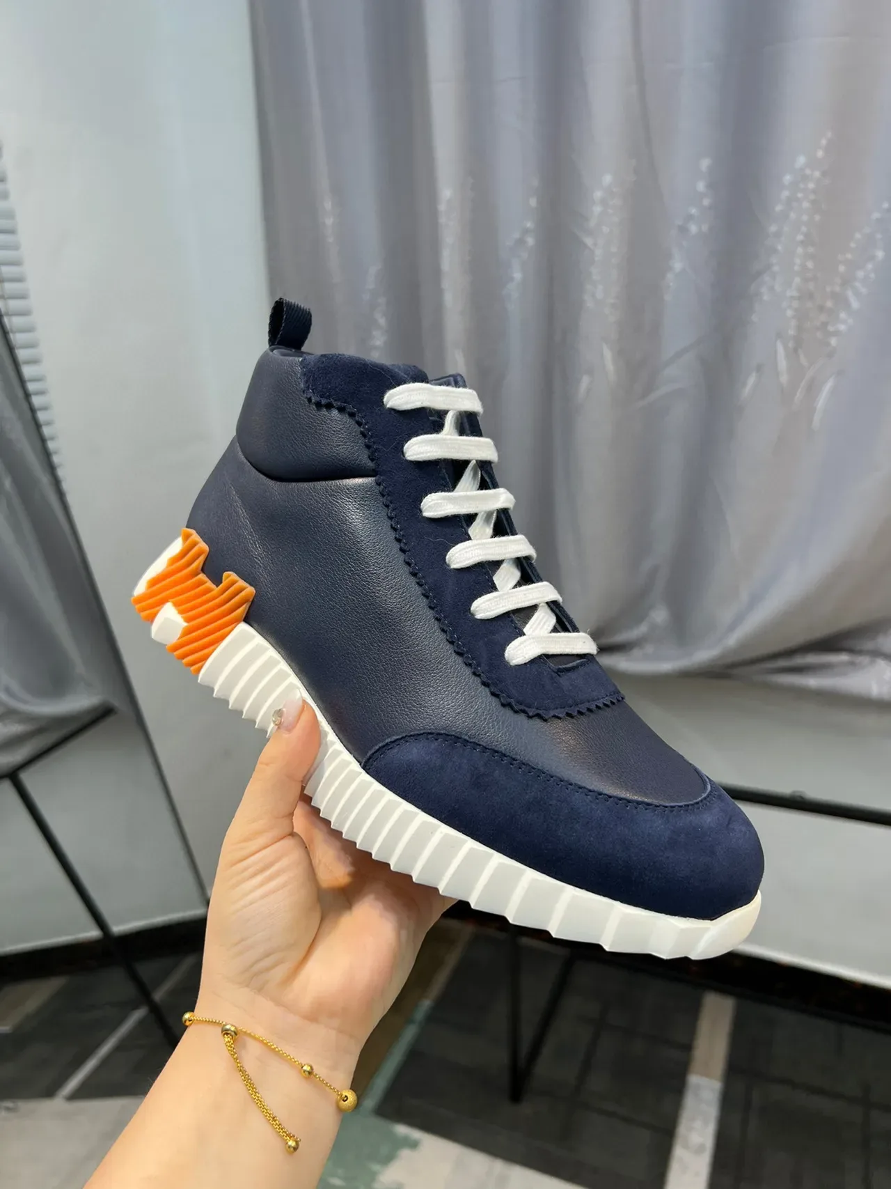 Hermès Navy Orange High-Top Leather Upper Lifestyle Sneakers 6