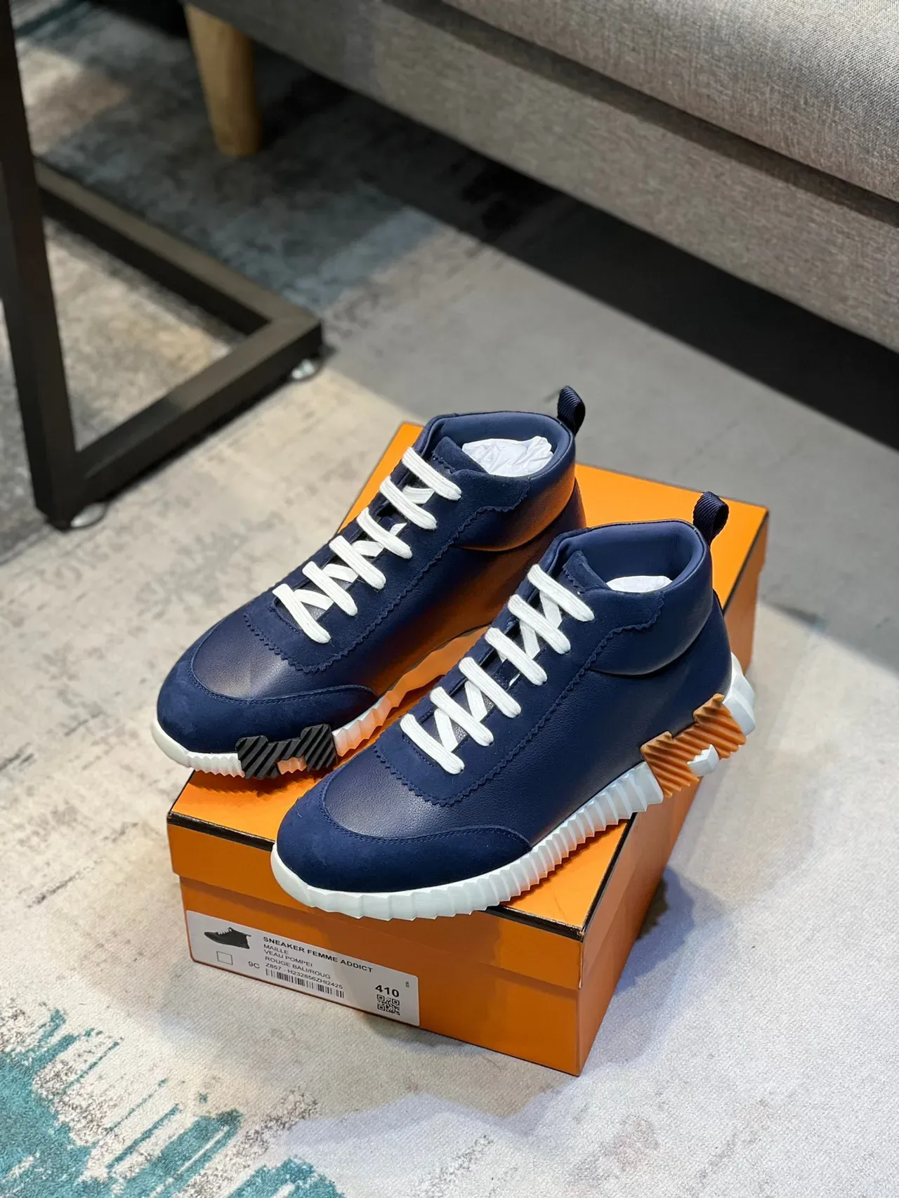 Hermès Navy Orange High-Top Leather Upper Lifestyle Sneakers 7