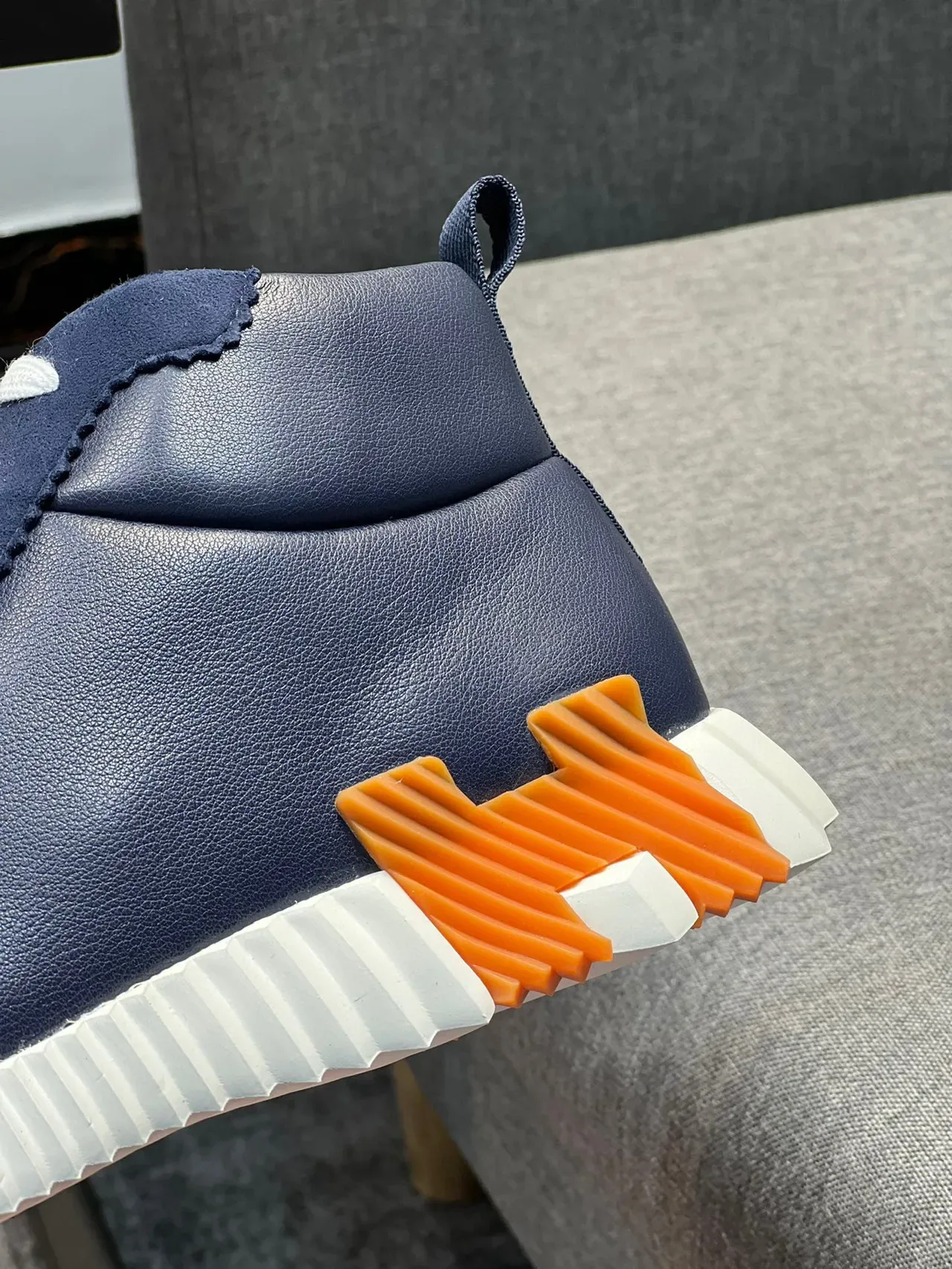 Hermès Navy Orange High-Top Leather Upper Lifestyle Sneakers 9