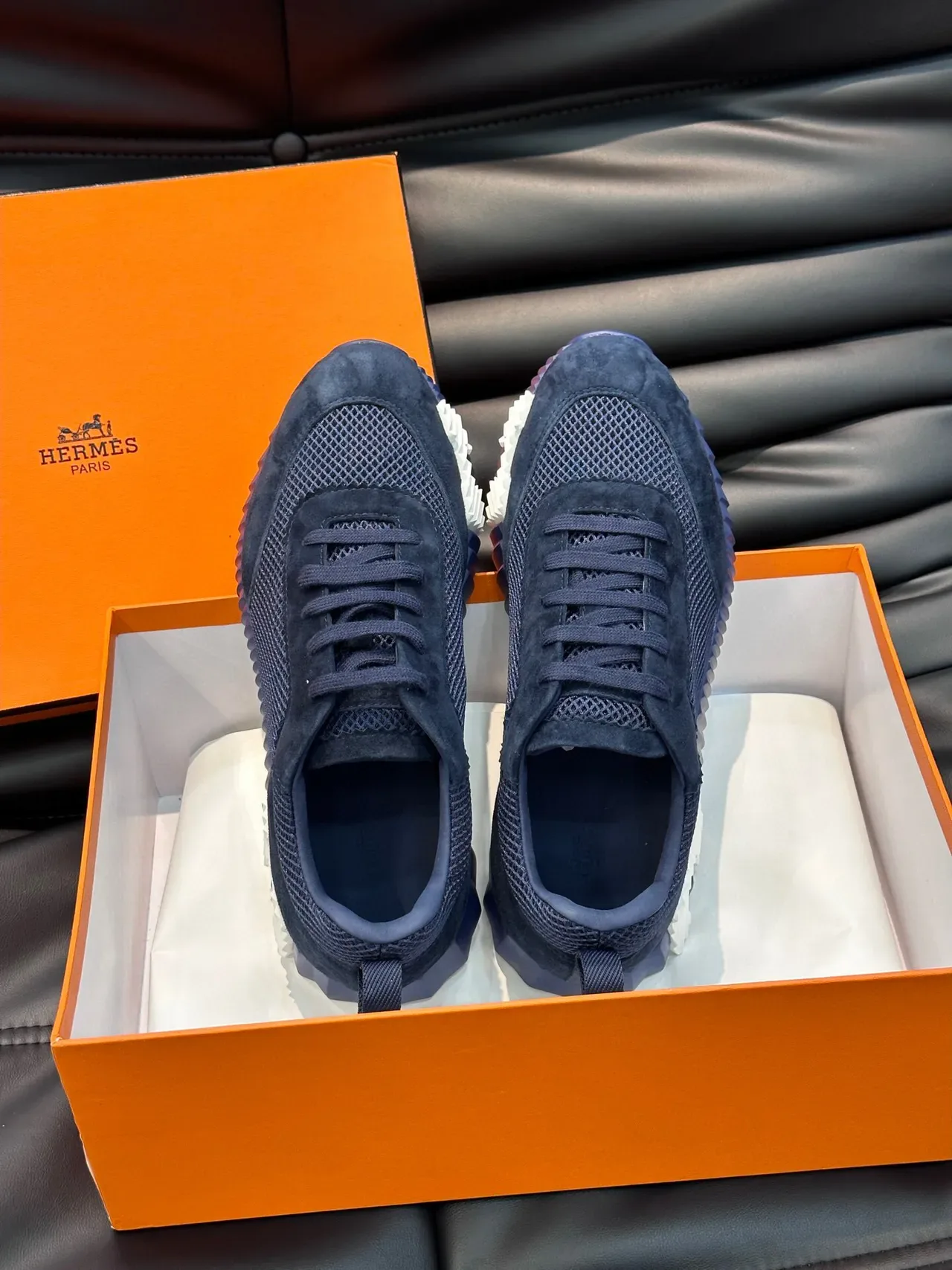 Hermès Navy Suede and Mesh Low-Top Lifestyle Sneakers 4